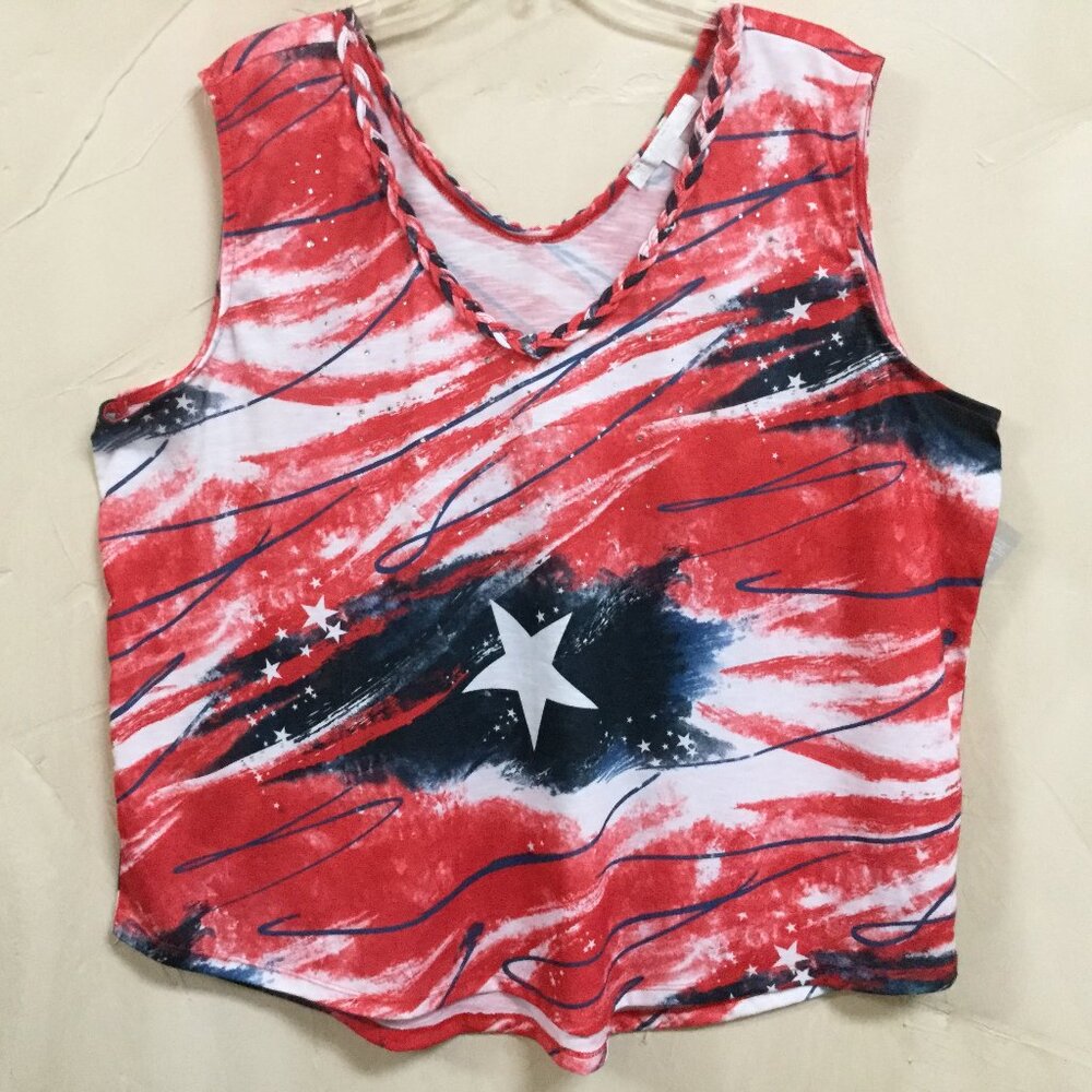 Juniper + Lime Women Sz 2X Patriotic V-neck tank top Knit red white blue Stretch